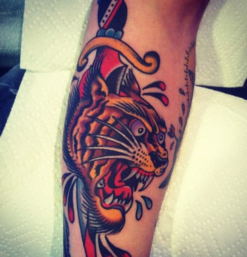 Traditional Tiger Dagger Head Tattoo On Arm
