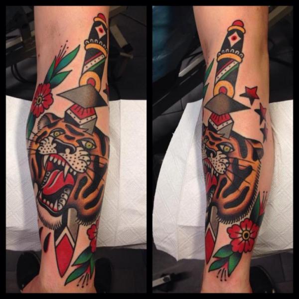 Traditional Tiger Head And Dagger Tattoo on Arm