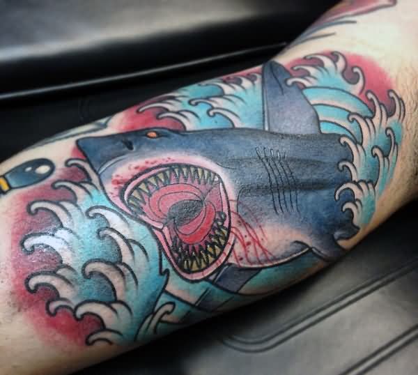 Traditional Tiger Shark Tattoo On Sleeve