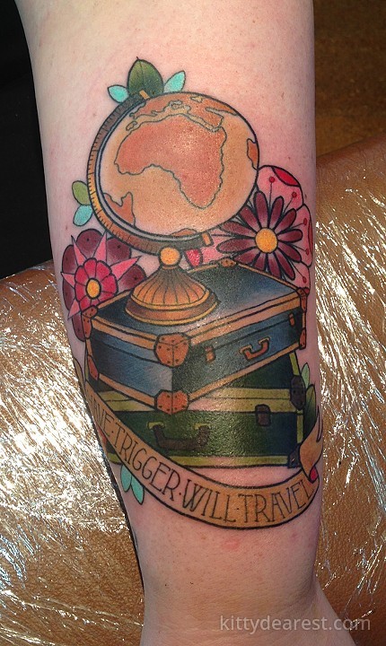 Traditional Two Suitcase With And Banner Tattoo On Forearm By Kitty Dearest