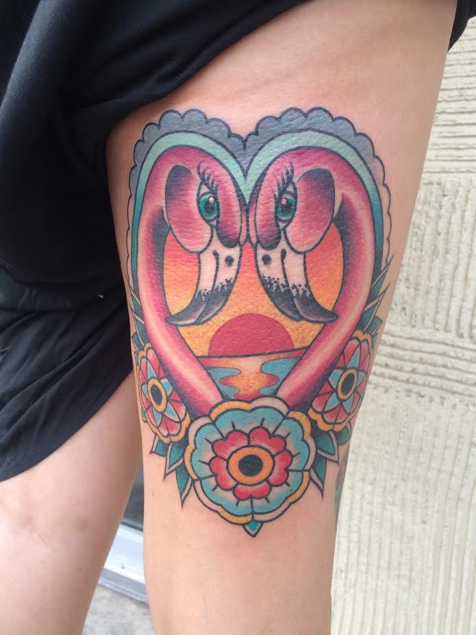 Traditional Two Swan With Flowers Tattoo On Left Thigh