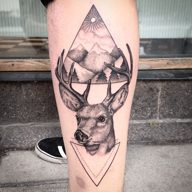 Triangle And Geometric Deer Tattoo On Left Leg