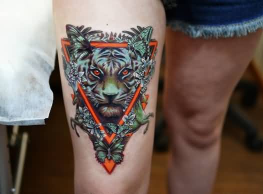 Triangle And Tiger Tattoo On Thigh By Karolina Vladimirovna