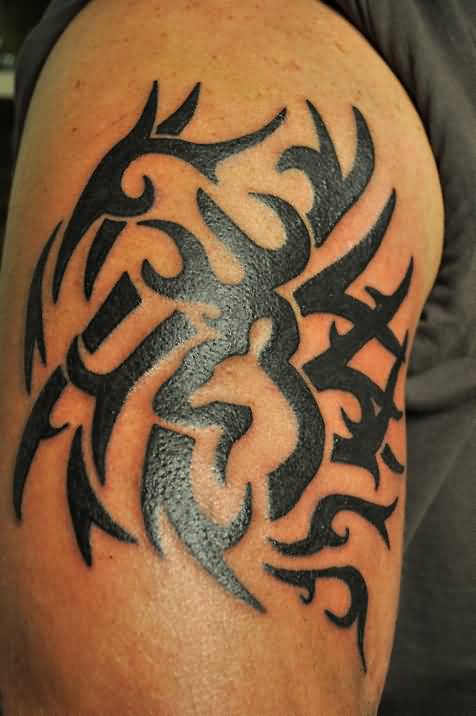 Tribal Browning Deer Tattoo On Half Sleeve