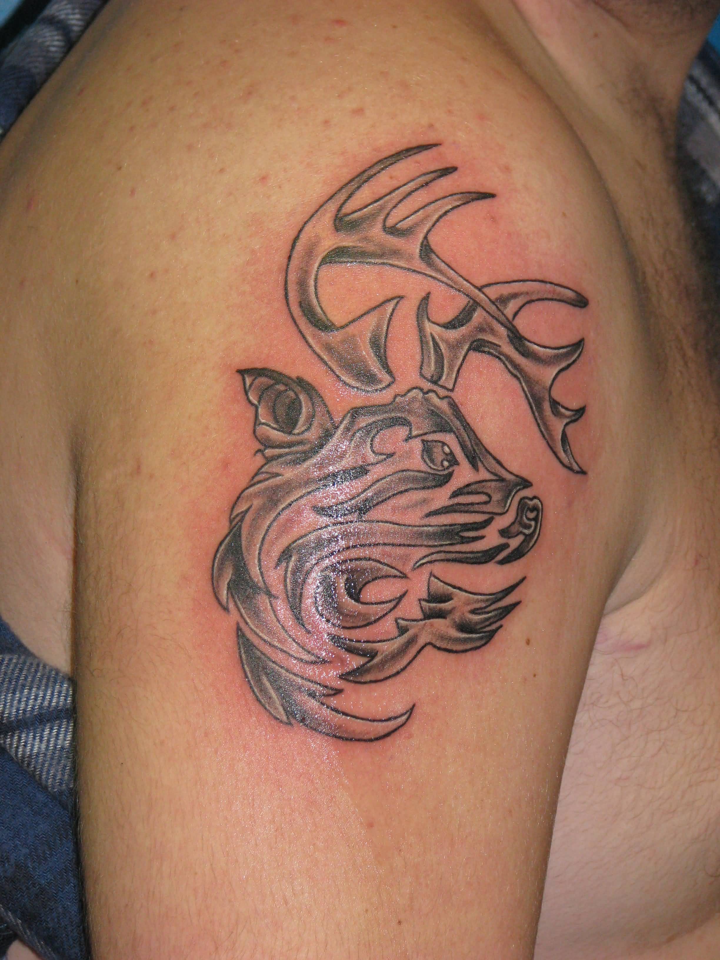 Tribal Grey Deer Head Tattoo On Right Shoulder