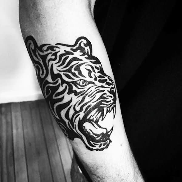 Tribal Tiger Face Tattoo On Right Forearm