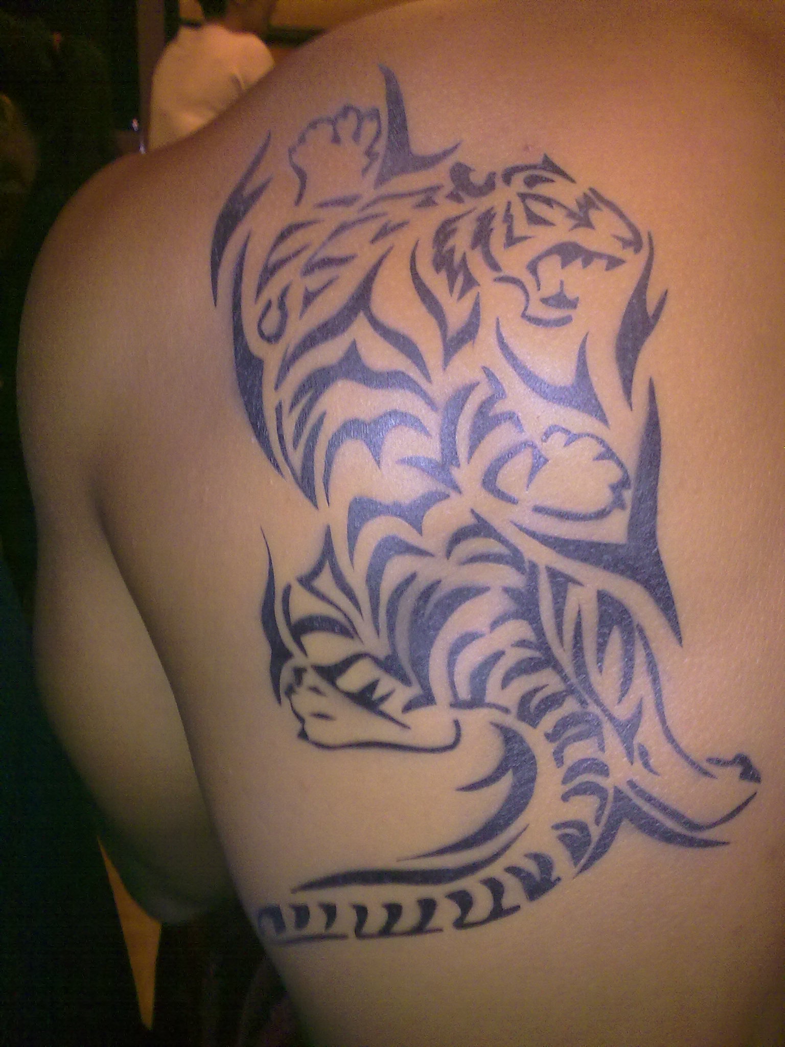 Tribal Tiger Tattoo On Left Back Shoulder