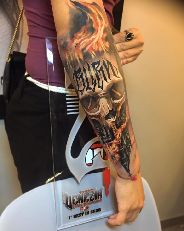 Unique 3D Flaming Skull Tattoo On Right Arm