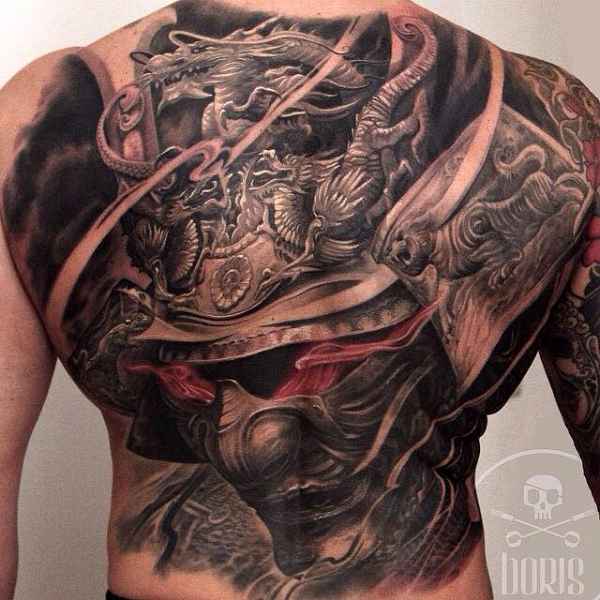 Unique 3D Samurai Head Tattoo On Full Back