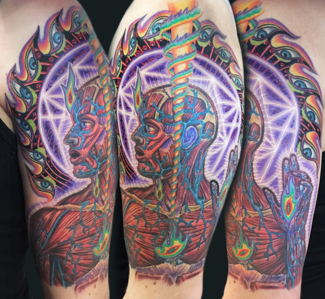 Unique Alex grey Man Tattoo On Left Half Sleeve By Marc Durrant