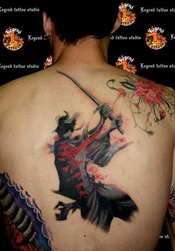 Unique Black And Red Samurai With Sword Tattoo On Man Upper Back
