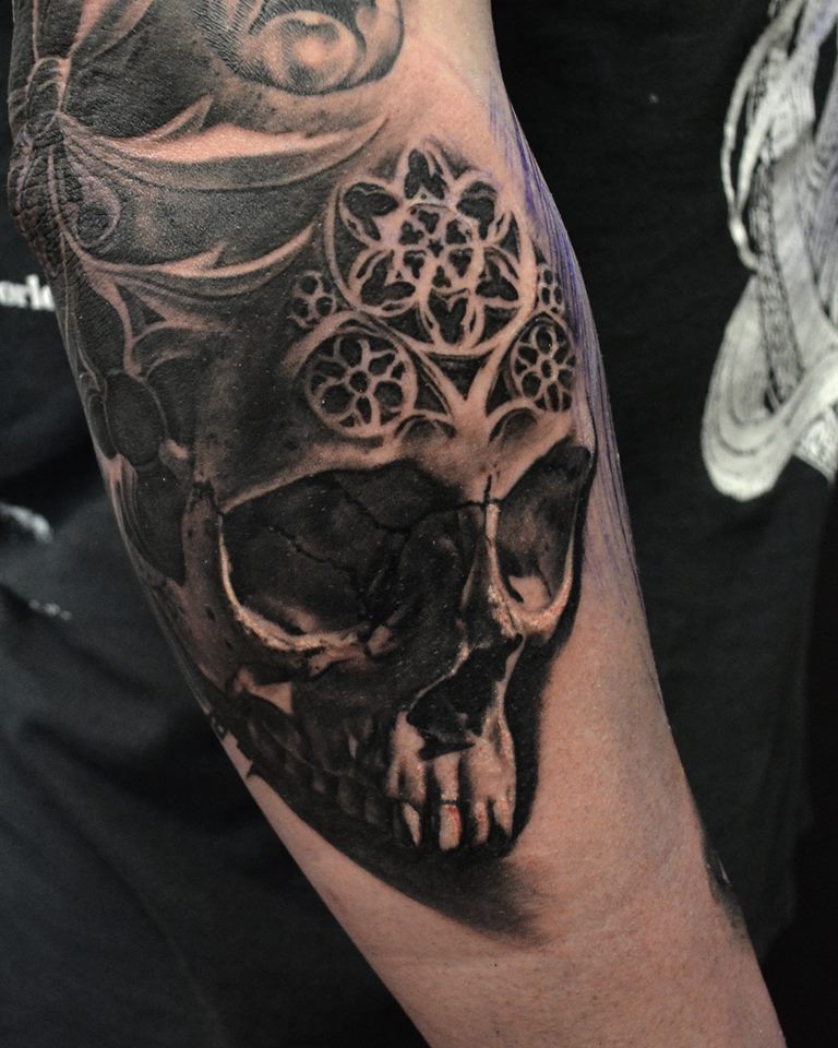 Unique Black Ink Skull Tattoo Design For Sleeve