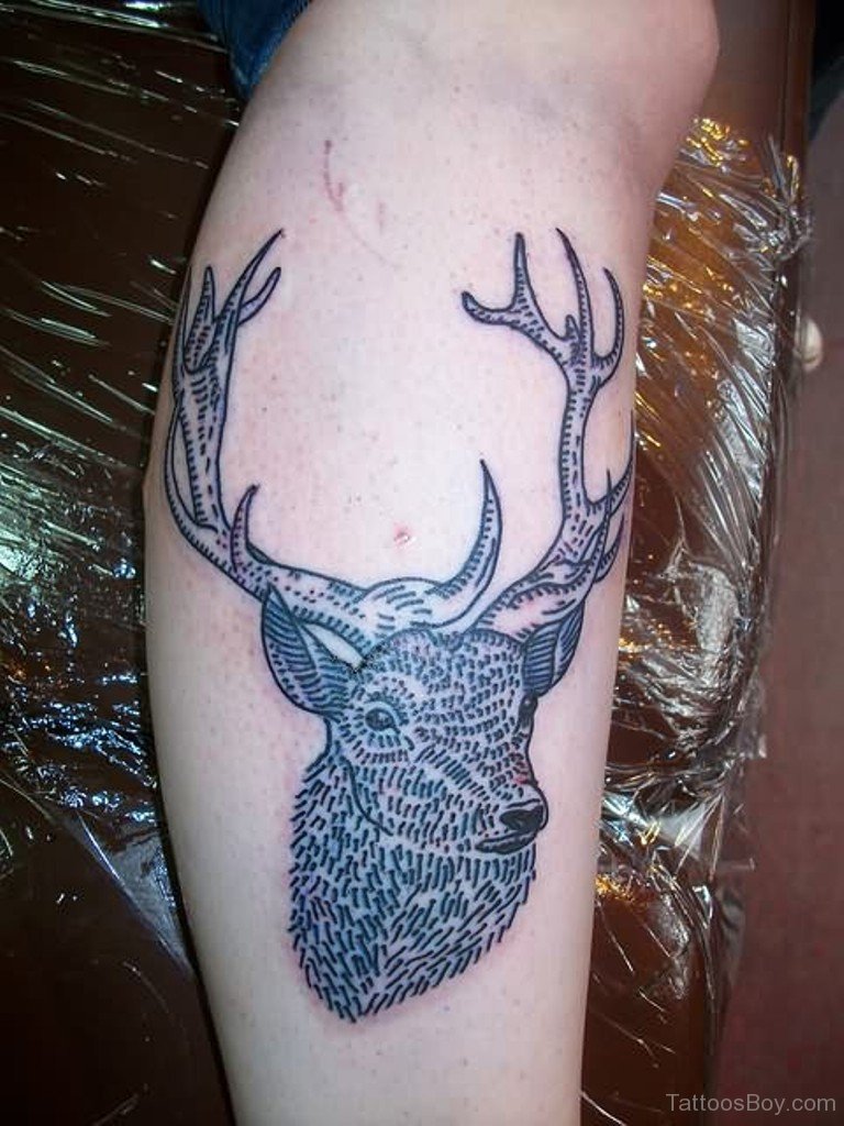 Unique Deer Head Tattoo On Leg