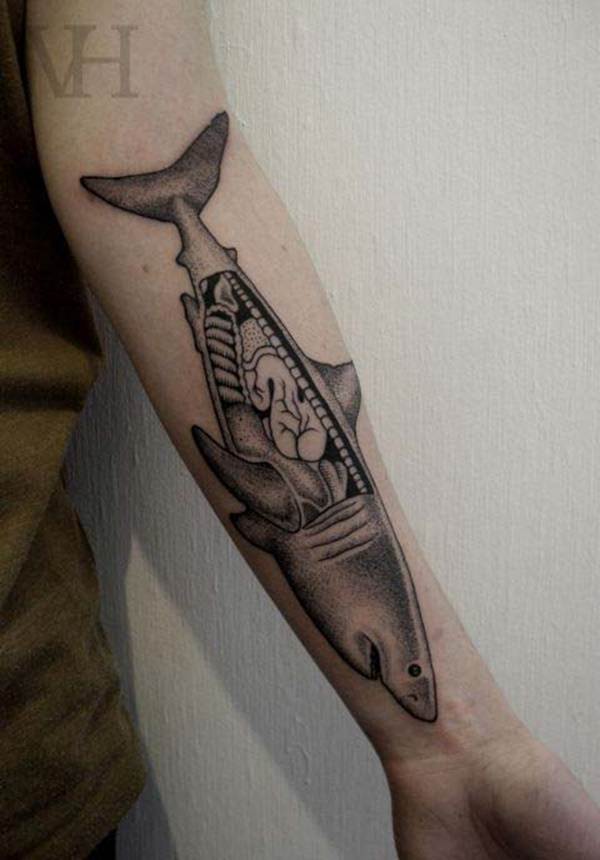 Unique Dotwork Shark Tattoo On Left Forearm