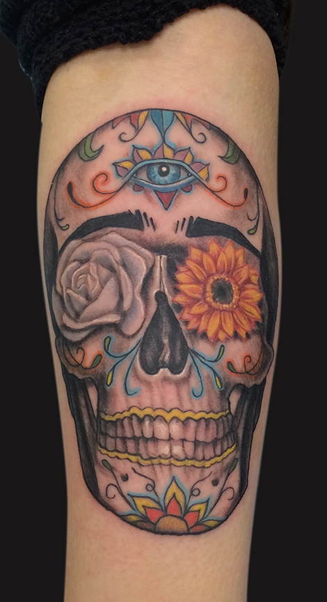 Unique Sugar Skull Tattoo On Forearm By Spencer Caligiuri