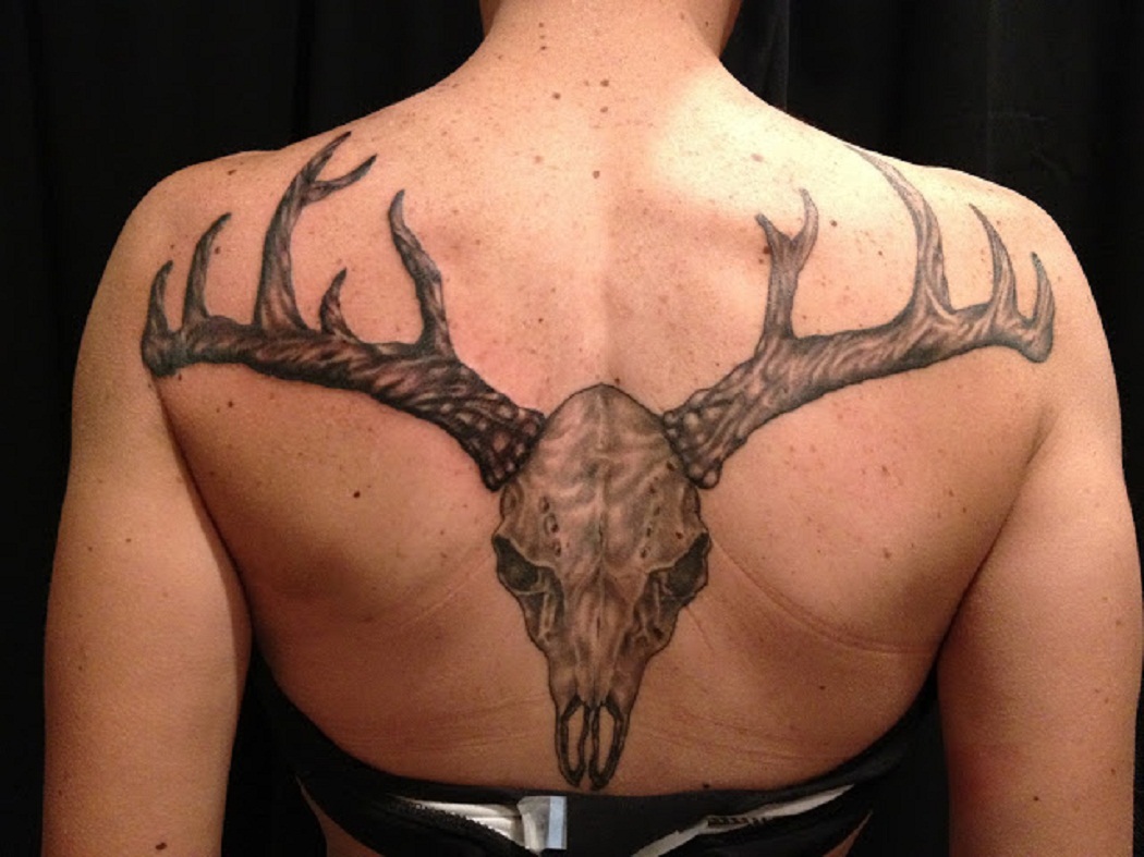 Upper Back Grey Deer Skull Tattoo