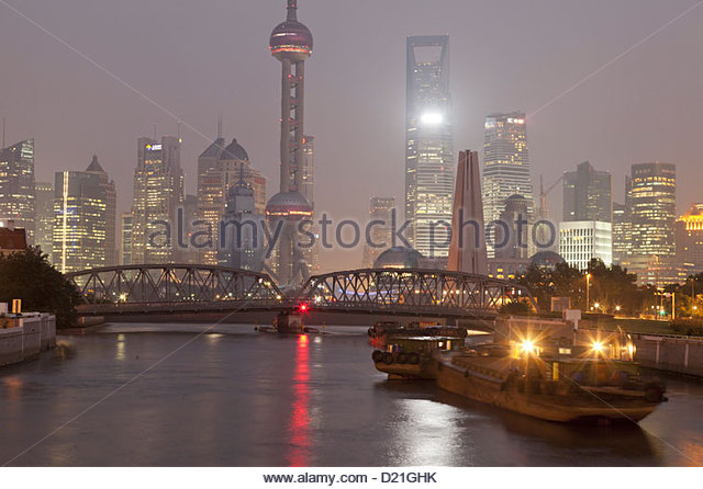 View Of Huangpu River With Waibaidu Bridge And Pudong Skyline At Night