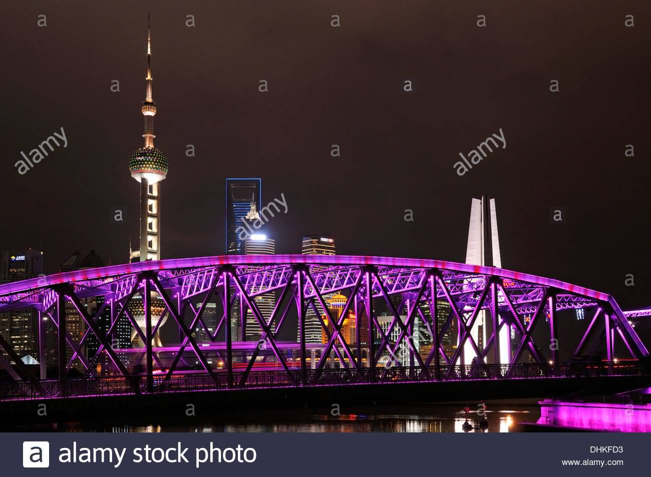 Waibaidu Bridge And Oriental Pearl Tower At Night