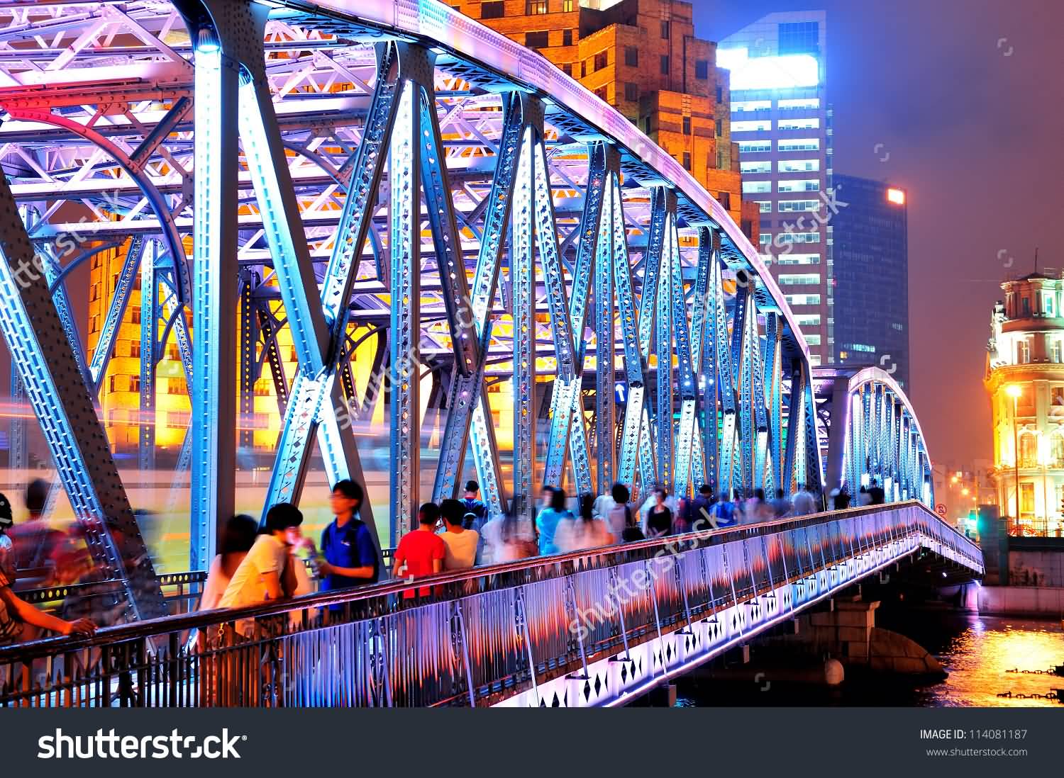 Waibaidu Bridge At Night With Colorful Lights
