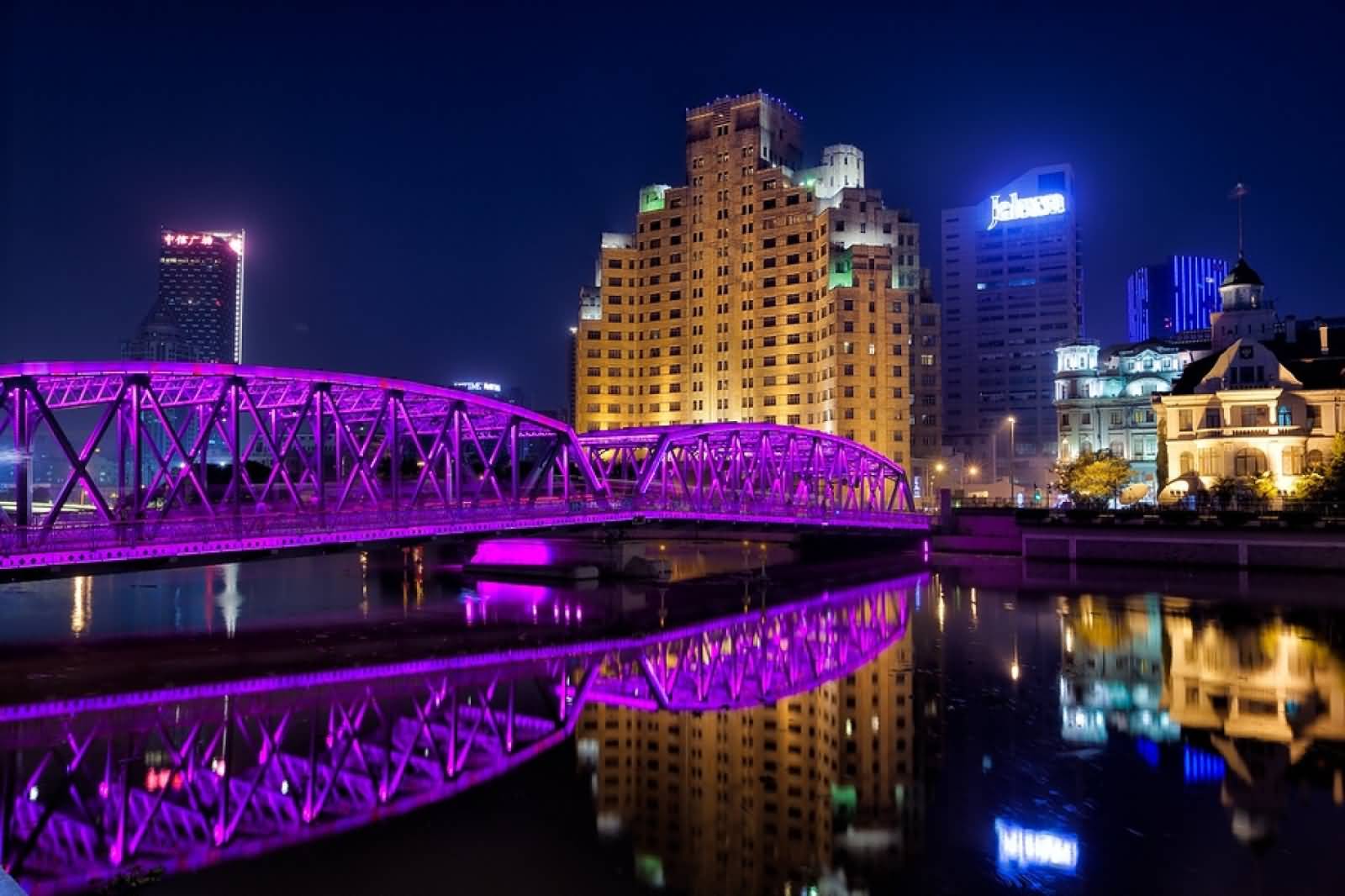 Waibaidu Bridge At Night With Pink Lights