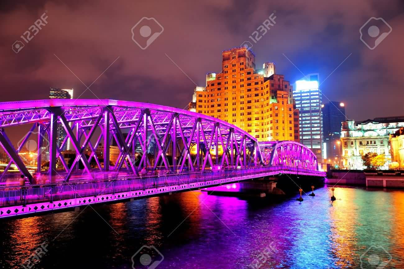 Waibaidu Bridge Bridge At Night With Colorful Lights