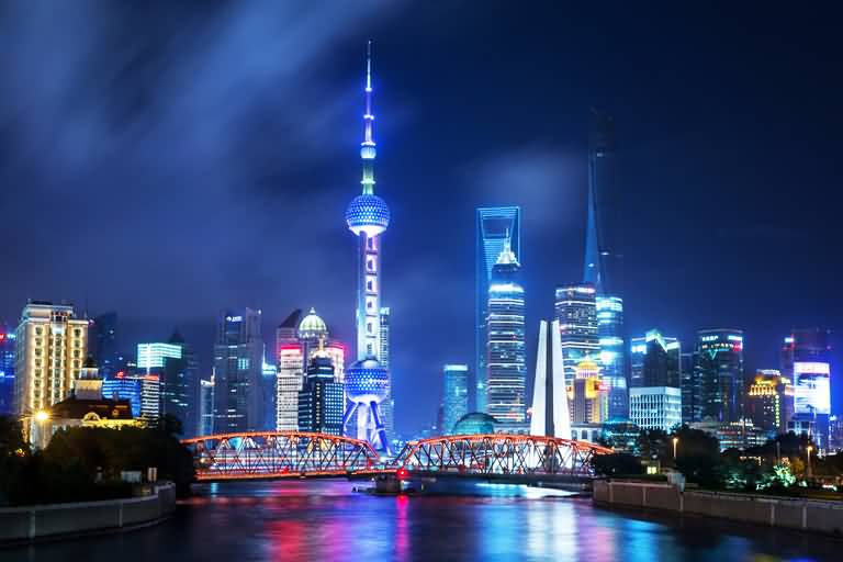 Waibaidu Bridge Illuminated With Shanghai Skyline