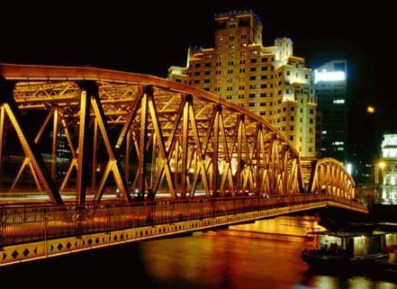 Waibaidu Bridge Looks Golden With Night Lights