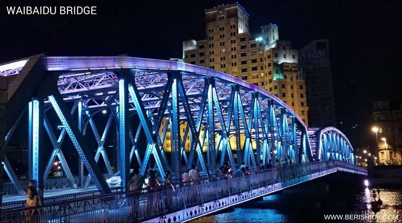 Waibaidu Bridge With Night Lights In Shanghai