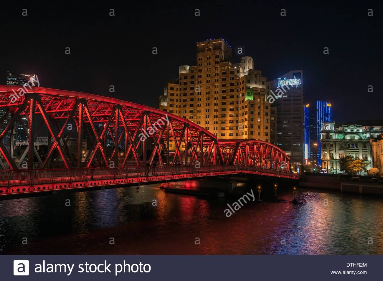 Waibaidu Steel Truss Bridge At Night With Red Lights