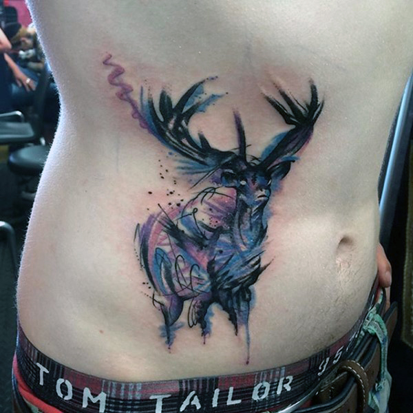 Watercolor Deer Antler Tattoo On Hip