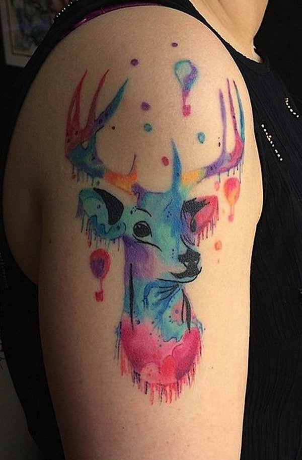 Watercolor Deer Head Tattoo On Right Shoulder