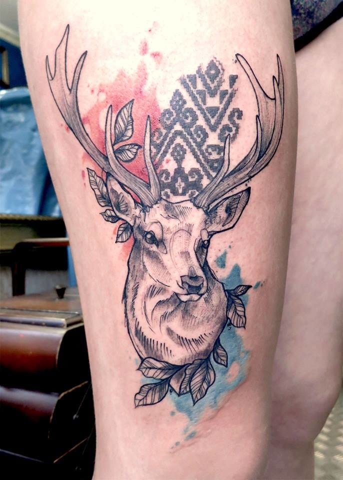 Watercolor Deer Head Tattoo On Thigh by Anki Michler
