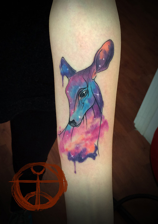 Watercolor Deer Tattoo On Arm Sleeve For Women
