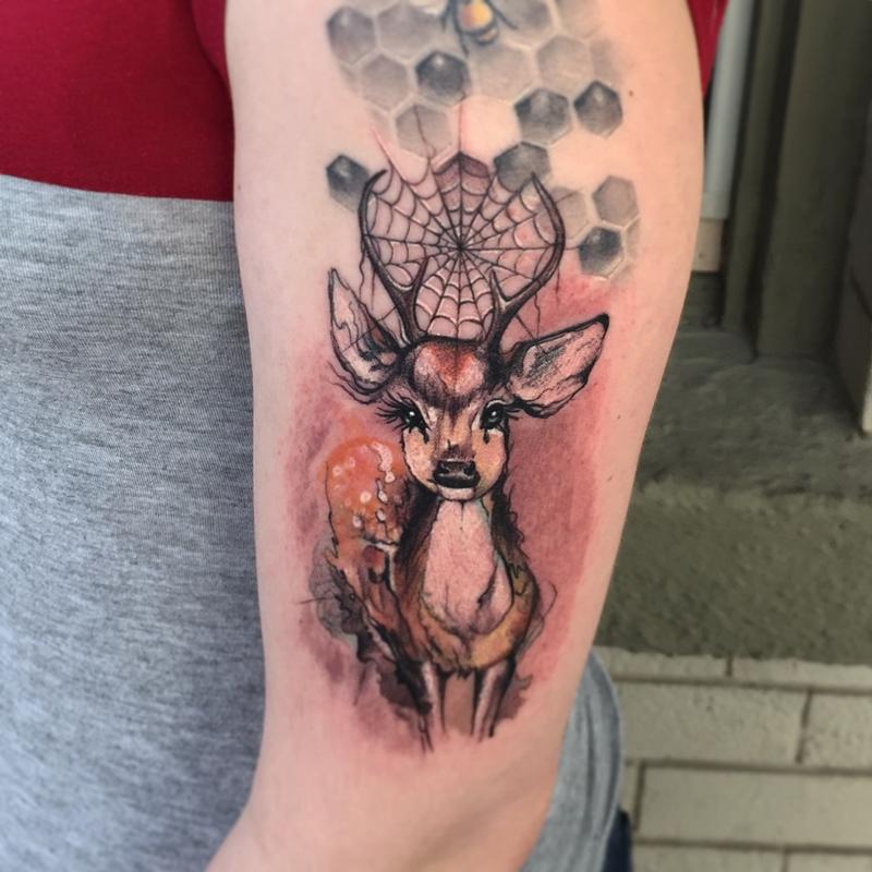Watercolor Deer Tattoo On Bicep by Capone