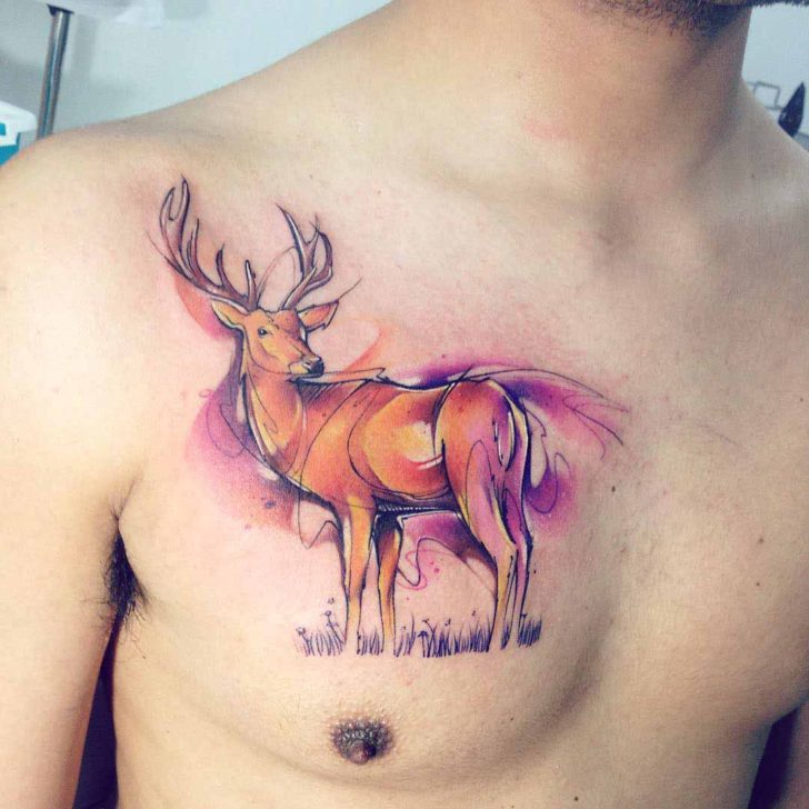Watercolor Deer Tattoo On Chest