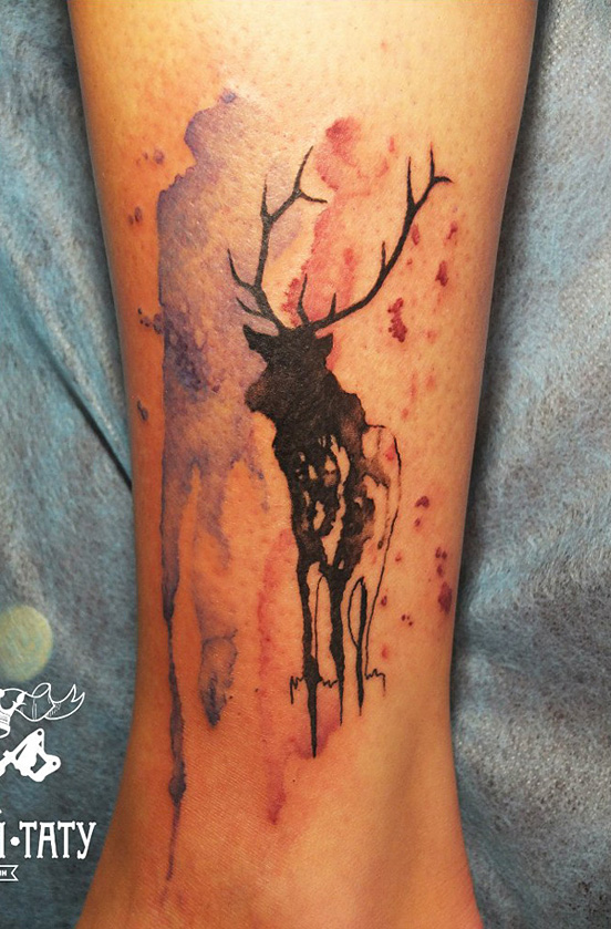Watercolor Deer Tattoo On Leg For Women