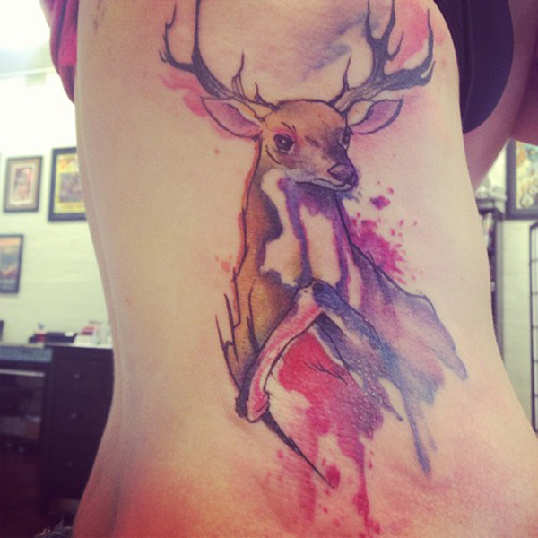 Watercolor Deer Tattoo On Rib Side