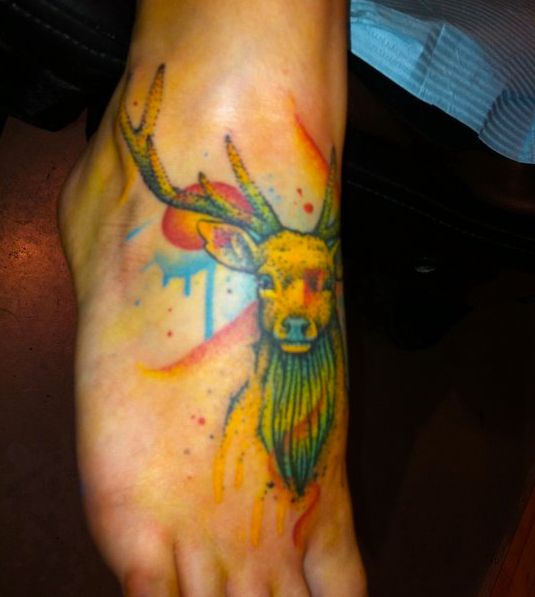 Watercolor Deer Tattoo On Right Foot
