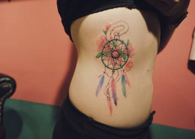 Watercolor Dreamcatcher Tattoo On Side For Girls
