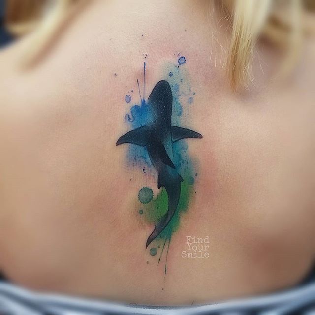 Watercolor Shark Tattoo On Girl Upper Back