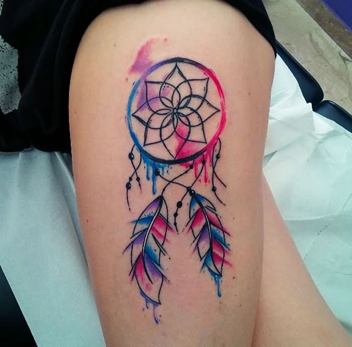 Watercolor Simple Dreamcatcher Tattoo On Left Side Thigh by Paul Timman