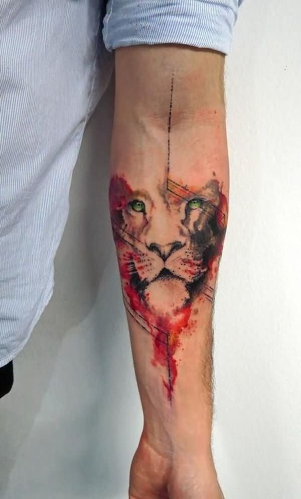 Watercolor Tiger Head Tattoo On Left Forearm