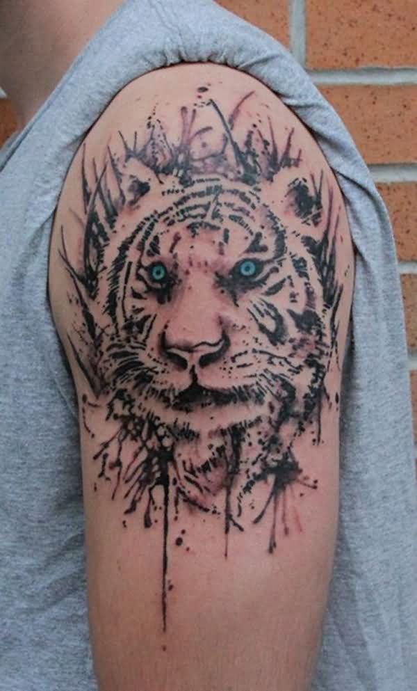 Watercolor Tiger Head Tattoo On Left Shoulder