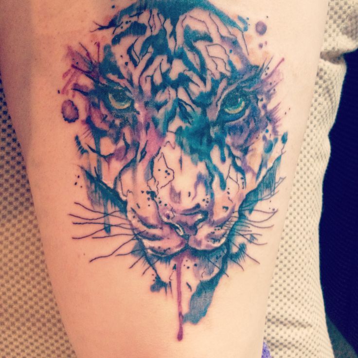 Watercolor Tiger Tattoo On Thigh