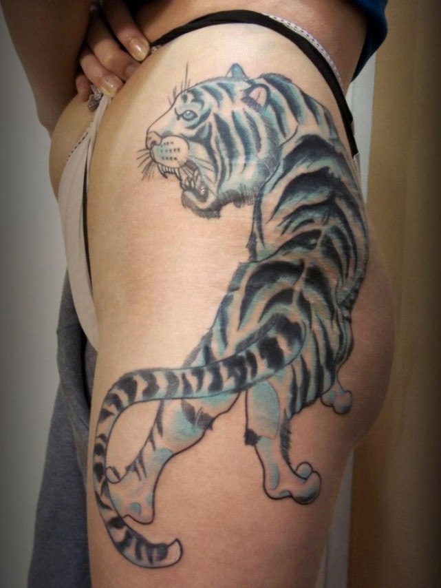 White Ink Tiger Tattoo On Side Thigh