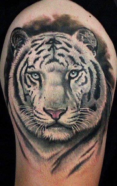 White Tiger Head Tattoo On Left Shoulder