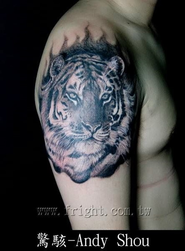 White Tiger Head Tattoo On Shoulder