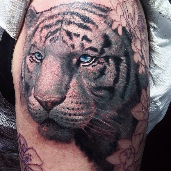 White Tiger Tattoo On Left Half Sleeve