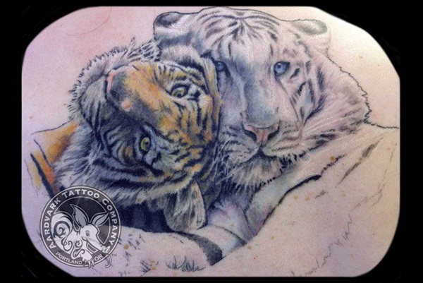 White Tiger With Baby Tiger Tattoo by Aardvark Tattoo