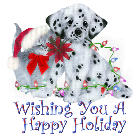 Wishing You A Happy Holidays Puppy And Kitten With Lights Animated Picture
